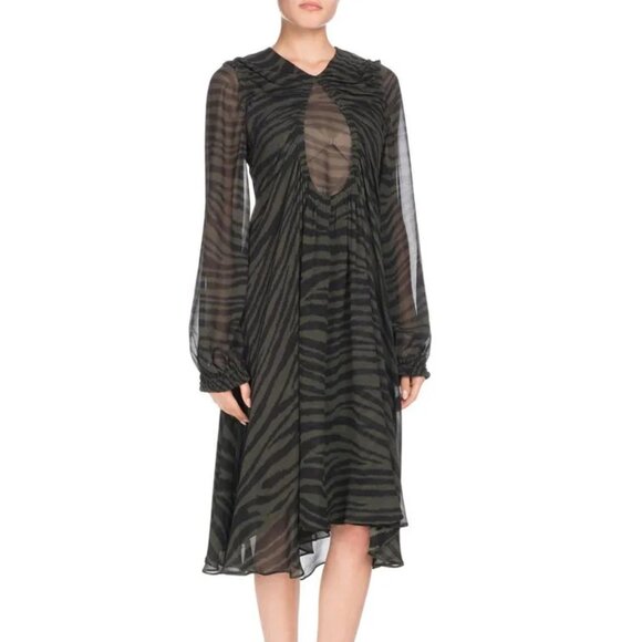 Proenza Schouler Green & Black Zebra Silk Long-Sleeve Dress - Picture 1 of 11